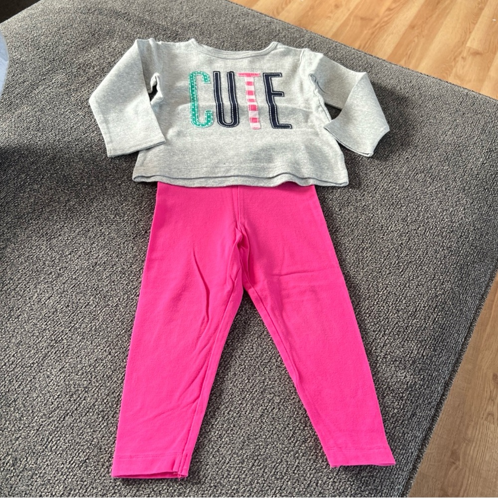 Carter's Vibrant Pink Toddler Grey Top “Cute” & Leggings Set